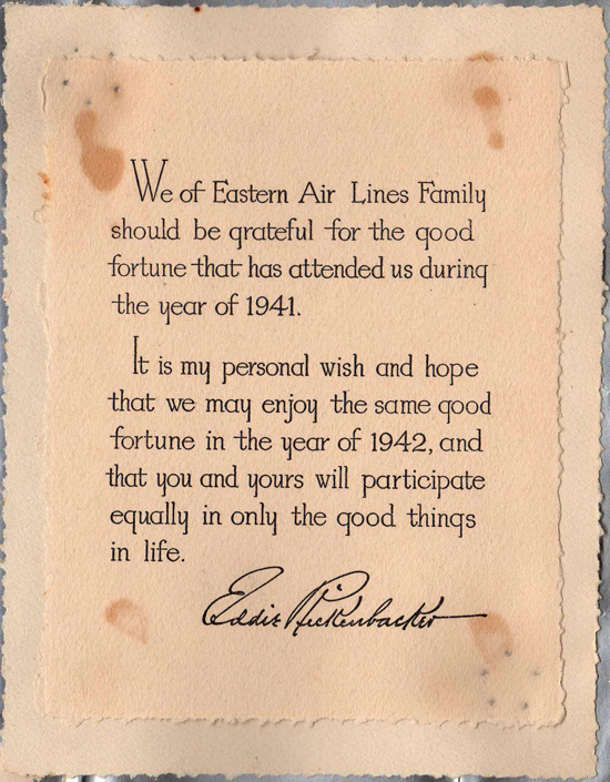 Eastern Airlines 1941 Christmas Greeting, Message